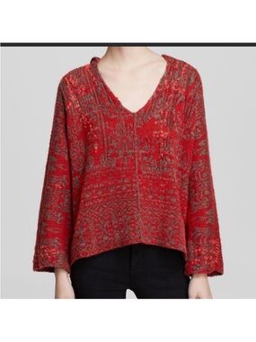 Free People Red Patterned V-Neck Knit Sweater